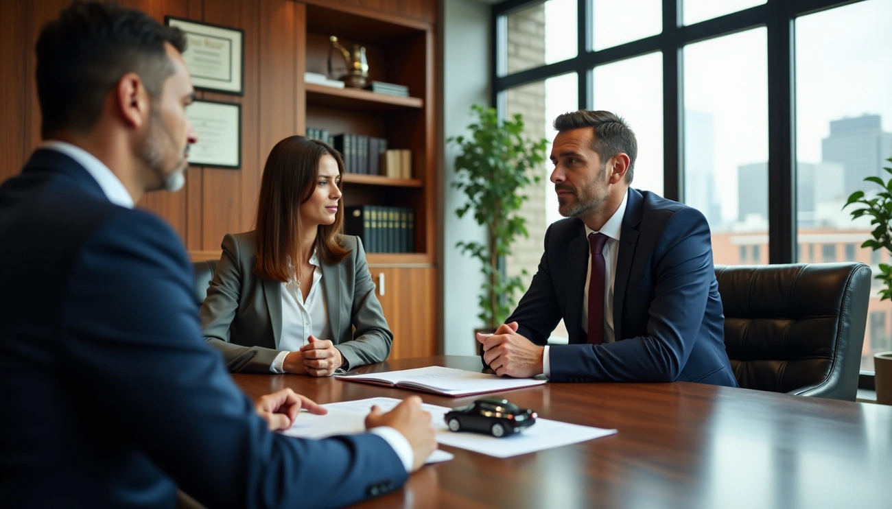 Experienced traffic accident attorney near me discussing case details with a client in a law office.